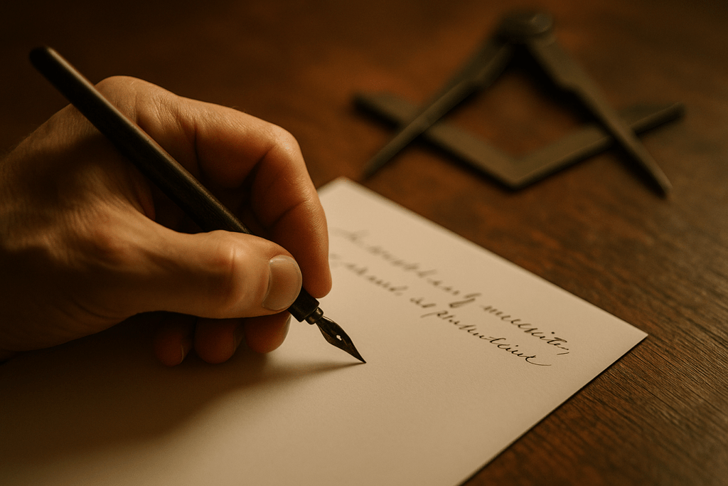 Main écrivant une planche maçonnique sous une lumière chaude, rappel du passage du tracé des bâtisseurs à la parole du Maçon – Nos Colonnes