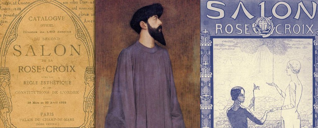 Détail du portrait de Joséphin Péladan par Séon, encadré d’affiches des Salons de la Rose-Croix du XIXᵉ siècle – Nos Colonnes