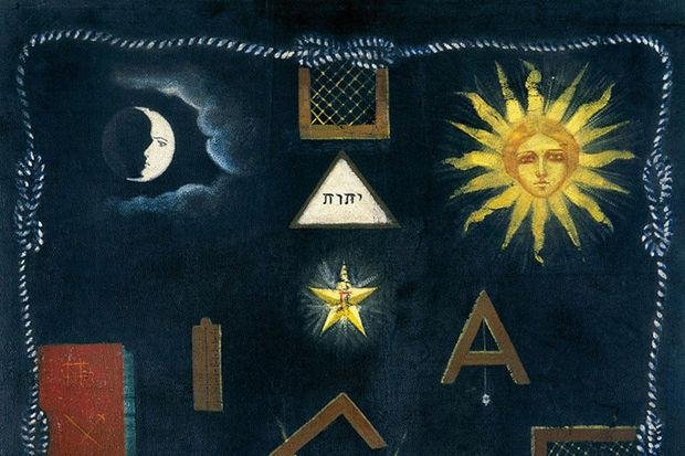 Détail d’un ancien tapis de loge  maçonnique montrant le Soleil et la Lune – Nos Colonnes