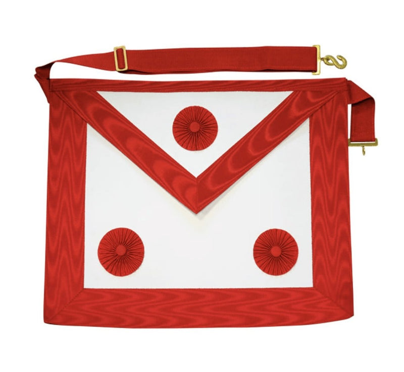 Tablier Maître Rosettes REAA – face avant rosettes rouges et broderies Rite Écossais Ancien Accepté