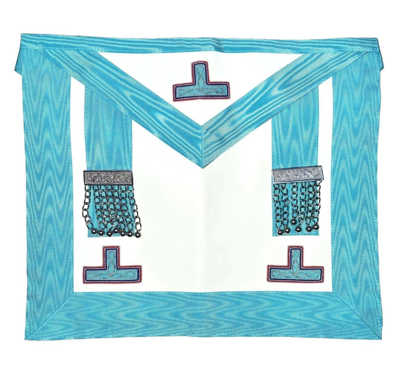 Tablier Vénérable Maître Émulation pendeloques et 3 Taus tricolores – vue face broderies soie