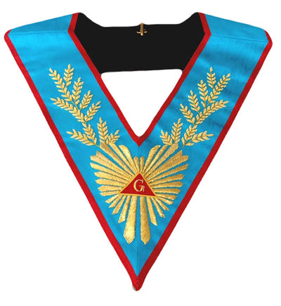 Sautoir de Vénérable Maître REAA en soie bleu turquoise, Delta rayonnant à lettre G et rameaux d'acacia