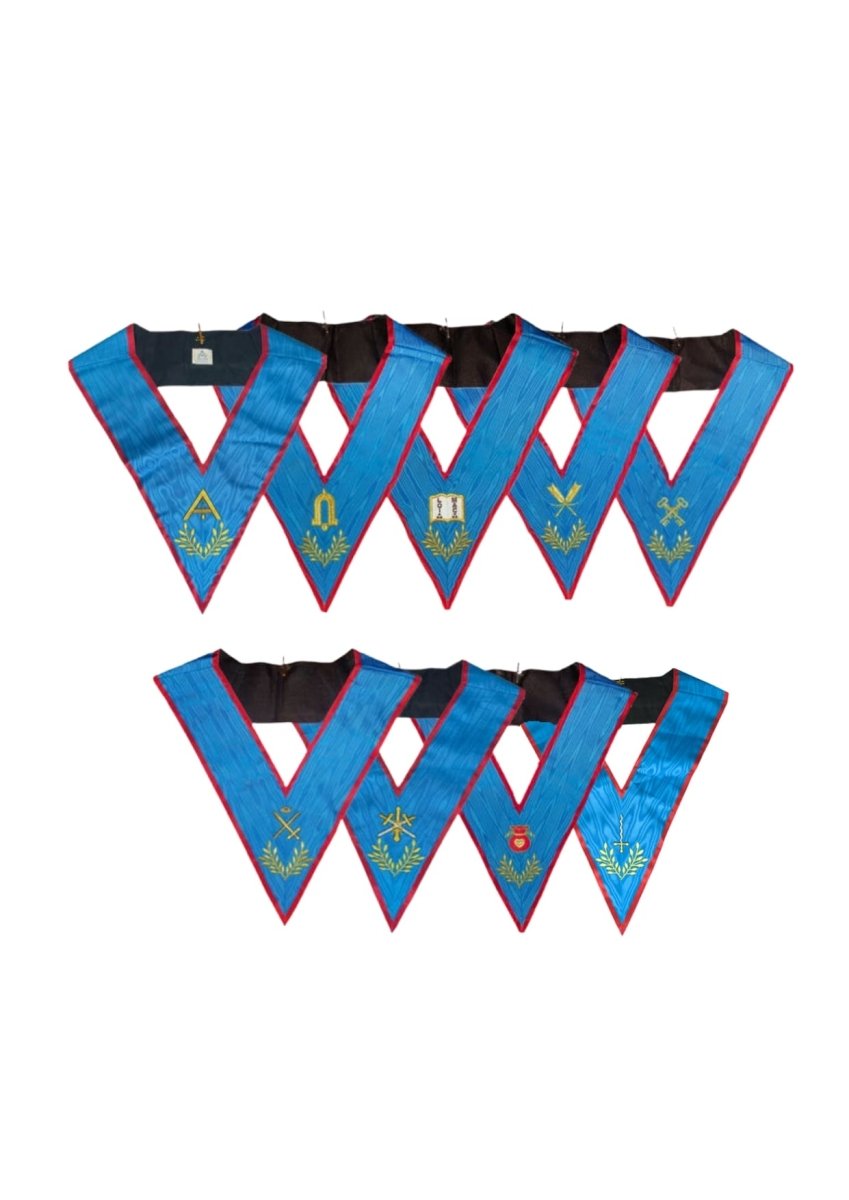 Set 9 Blue Lodge Officers Collars. Embroideries. Natural Silk - Ancient and Accepted Scottish Rite (AASR)