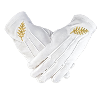 Paire de gants blancs croisés, rameau d'acacia brodé en fil doré sur le dos de la main