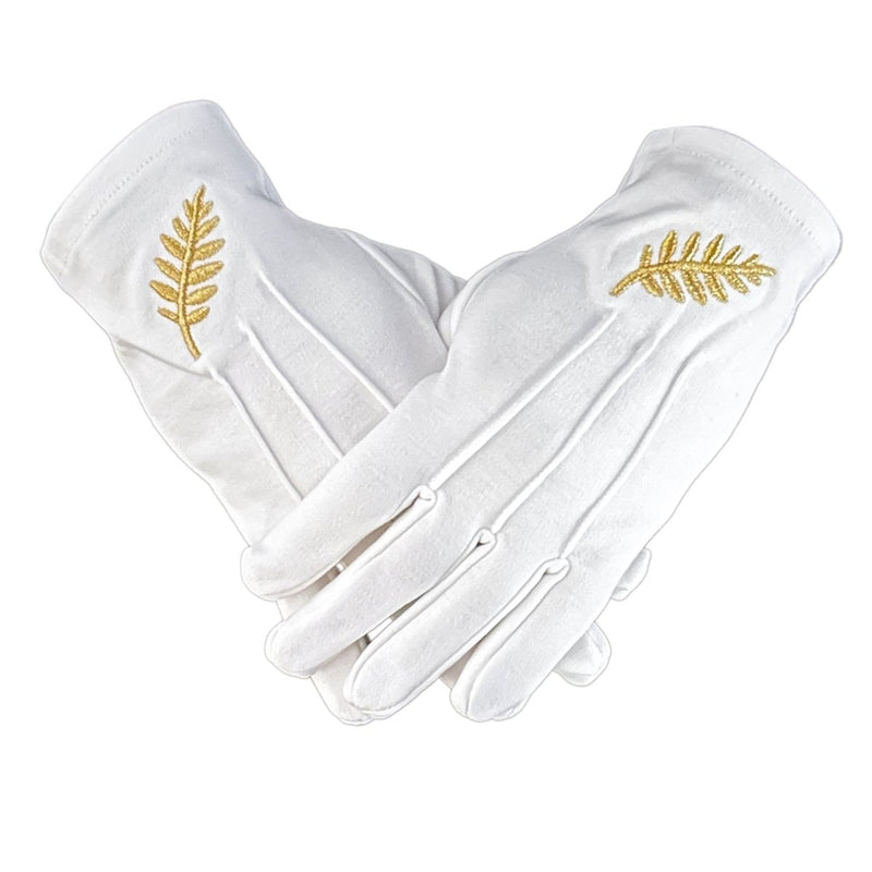 Gants maçonniques blancs acacia or – face avant broderie branche d’acacia dorée