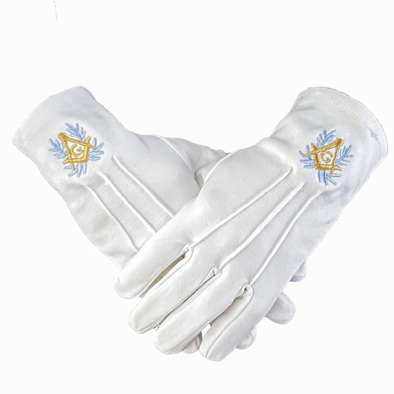 Gants blancs maçonniques Équerre Compas Acacia – vue face avec triple broderie or