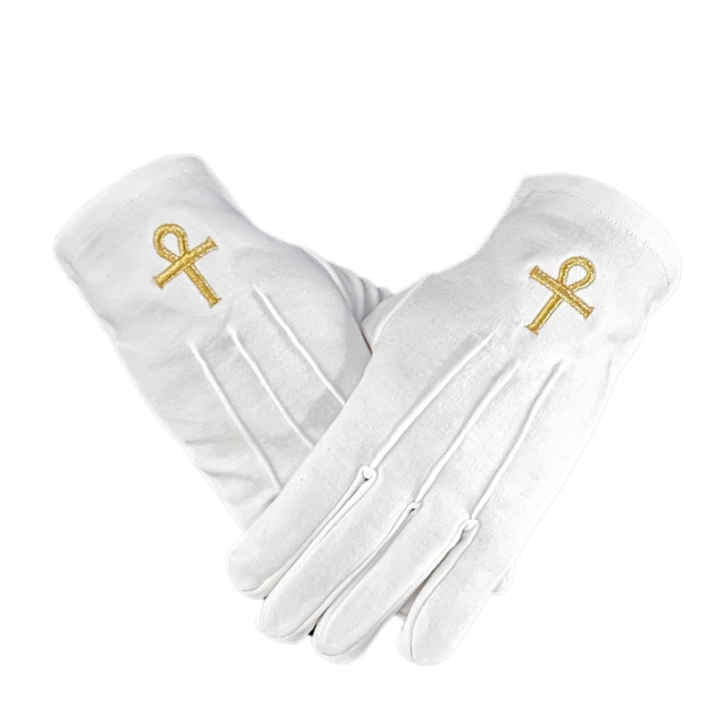 Gants blancs maçonniques Croix Ankh – vue face dos main gauche broderie Ankh égyptien sur coton