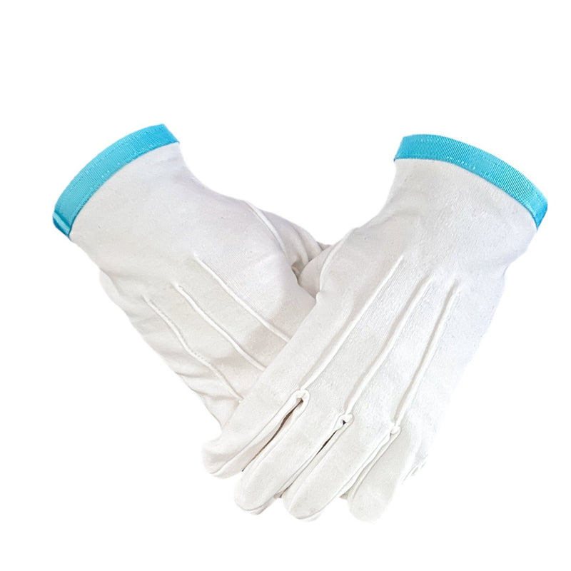 Gants maçonniques blancs bordés bleu ciel - Nos Colonnes


