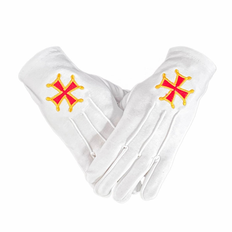 Gants maçonniques blancs Croix Templière – vue face dos main gauche broderie croix rouge sur coton