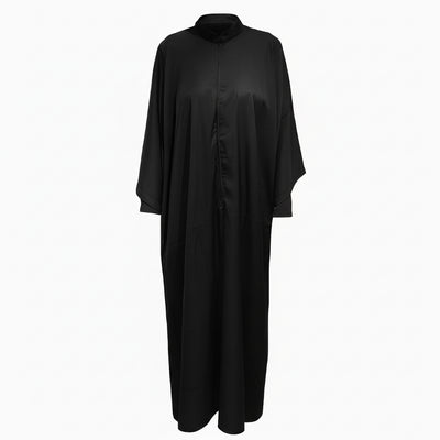 Robe maçonnique GLFF en tissu noir satiné, coupe droite à manches longues et col fermé, de face