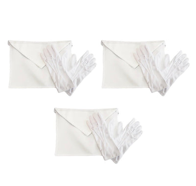 Les trois tabliers blancs d'Apprenti et Compagnon du pack REAA et leurs trois paires de gants