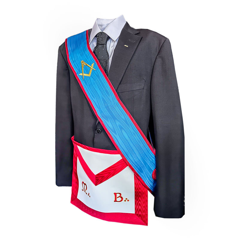 Pack Maître REAA : tablier brodé main M∴B∴ avec bordure rouge et ceinture bronze