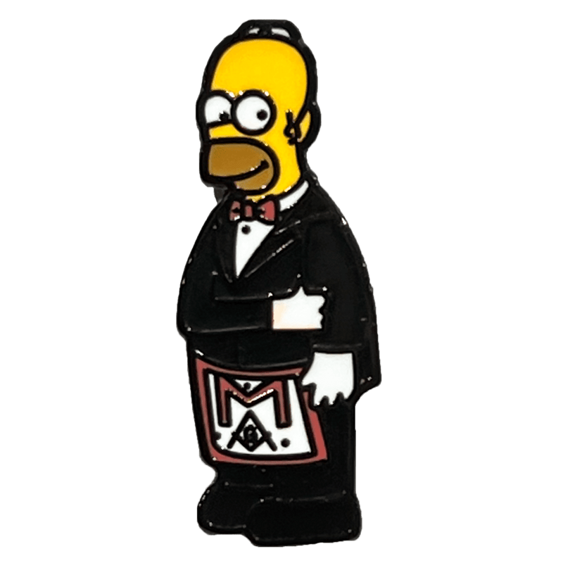 Pin's maçonnique Homer Simpson avec Équerre & Compas – vue face émail sur fond blanc