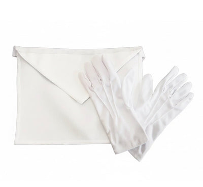 Tablier d'Apprenti et Compagnon blanc et sa paire de gants blancs, posés côte à côte à plat