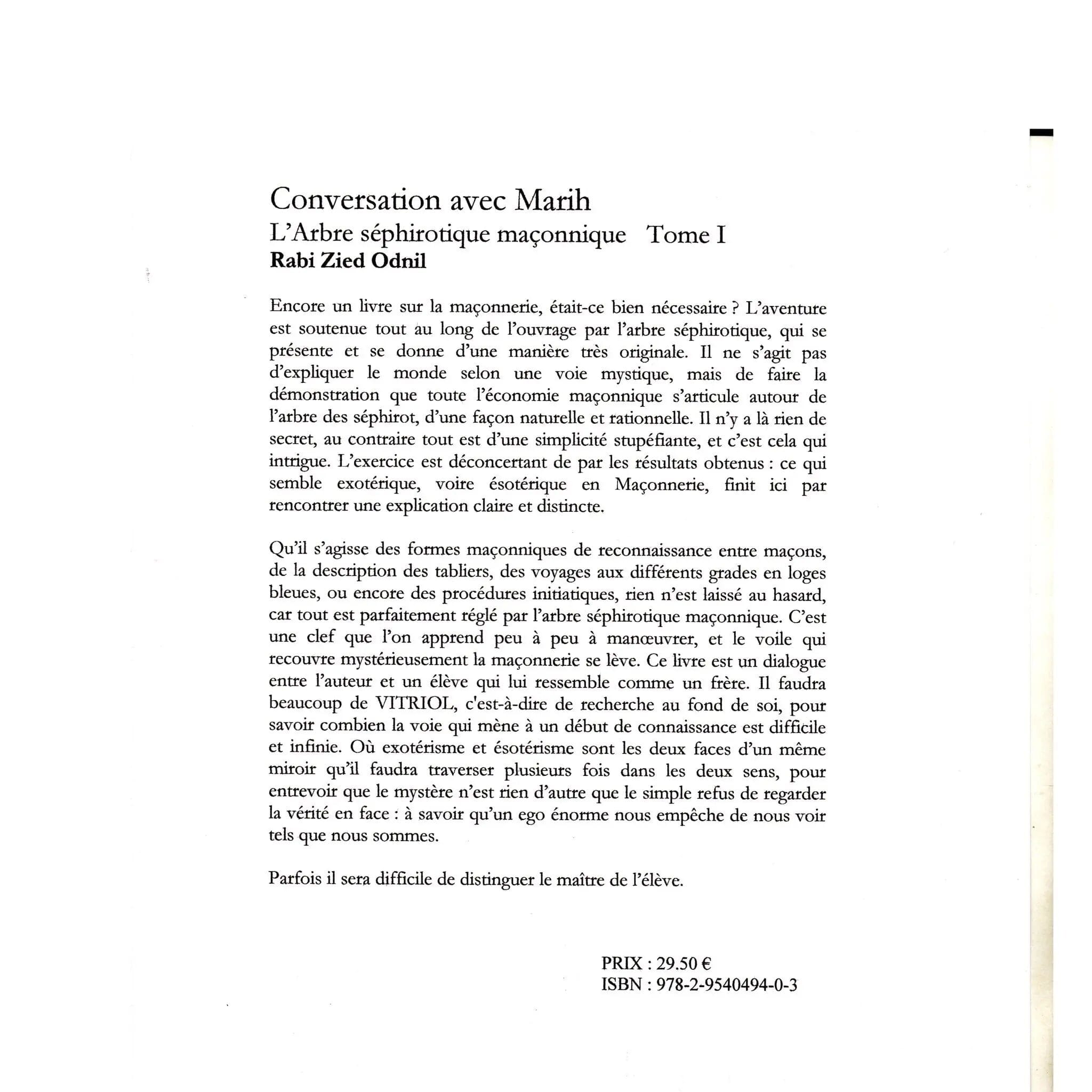 Conversation avec Marih. Rites et symboles Tome 1. L'arbre séphirotique maçonnique livre maconnique Nos Colonnes - Boutique Maçonnique 