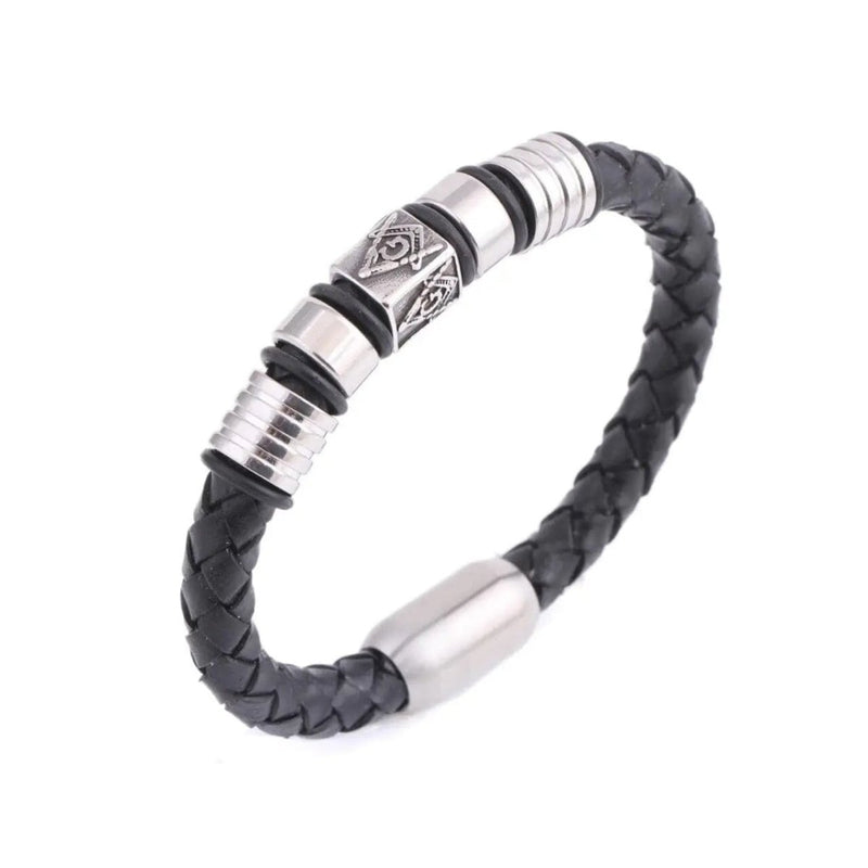 Bracelet magnétique en cuir – vue face symboles maçonniques gravés sur cuir véritable