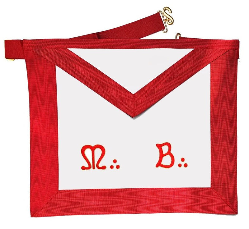 Tablier Maître MB REAA 39×33 cm – broderie M∴B∴ rouge sur fond blanc simili-cuir