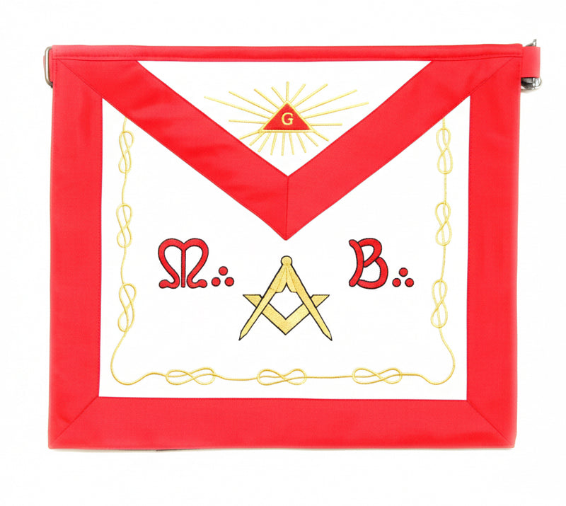 Tablier Vénérable Maître REAA face broderies Équerre Compas Delta Lacs d'Amour M.B. sur cuir rouge